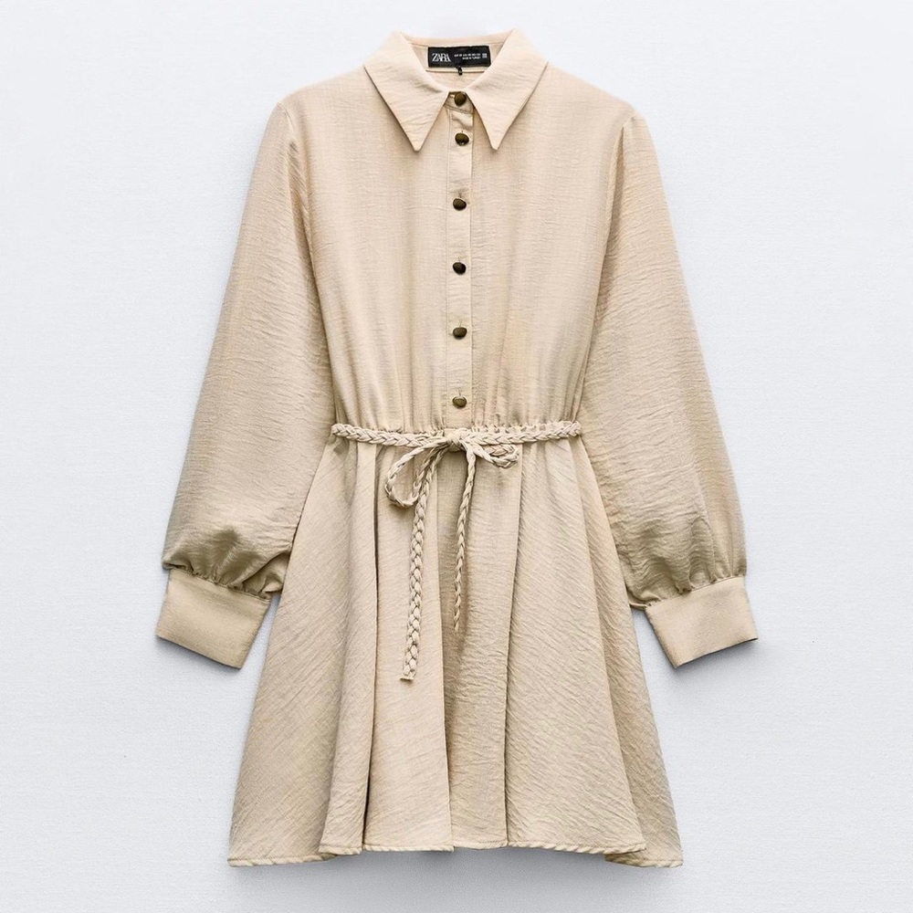 Zara Cream Mini Shirt Dress with Long Bishop Sleeves and Tie Front
